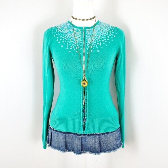 VTG 00s Y2K Gap Teal Blue Knit Sequin Beaded Long Sleeve Hook Eye Cardigan Sz XS - Picture 1 of 7